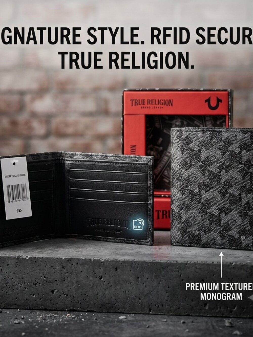 RUE RELIGION Black Leather Bifold Wallet Logo Boxed RFID Gift for Men NWT